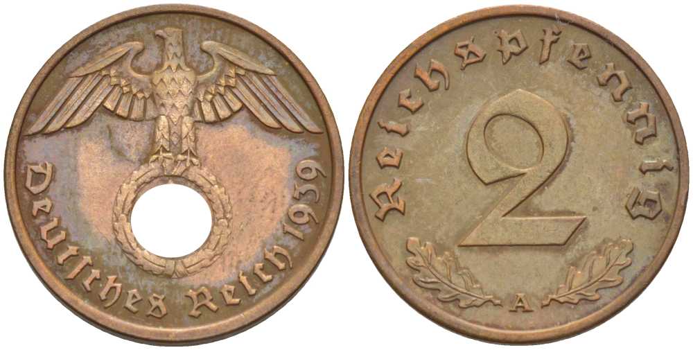 ГЕРМАНИЯ 2 РЕЙХСПФЕННИГА 1939 A KM 90, J. 362 бронза 261-942