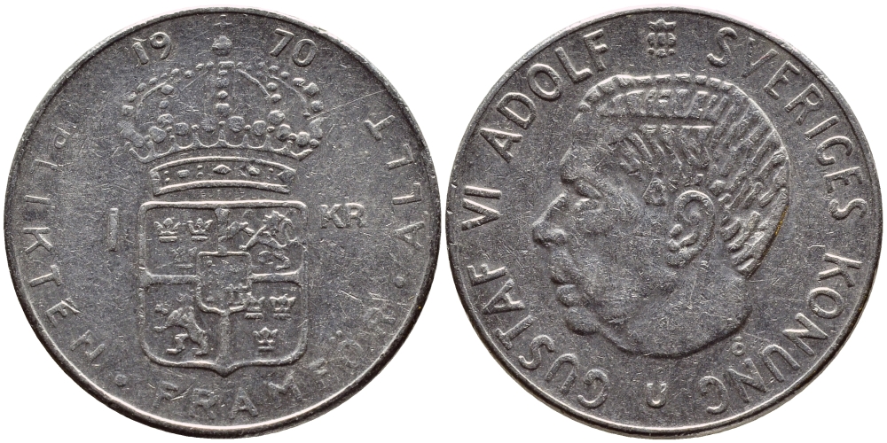 Швеция 1 крона 1970 Густав VI Адольф (1950-1973) KM 826a медь плакированная медно-никелем 4388-1031