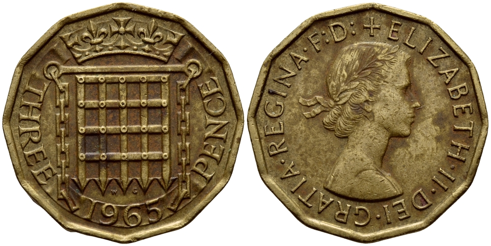 Великобритания 3 пенса 1965 Елизавета II (1952-2022) KM 900, Spink 4153 никель латунь 46-1842