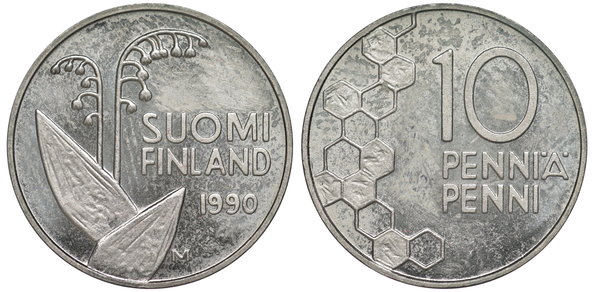 ФИНЛЯНДИЯ 10 ПЕННИ 1990 M, ЛАНДЫШ KM 65 медно-никель UNC 3334-1159