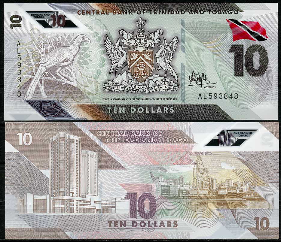 Тринидад и Тобаго 10 долларов 2020 рыжехвостая чачалака, здание Центрального банка Pick 62 пластик UNC (пресс) 447-97-3