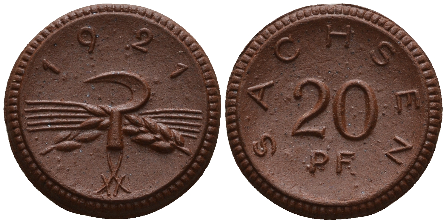 Саксония 20 пфеннигов 1921 колосья и серп J. N 53 фарфор UNC 1094-8-12