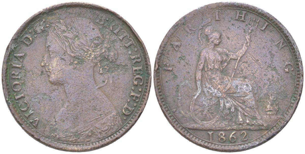 Великобритания 1 фартинг 1862 Виктория (1837-1901) KM 747.2, Spink 3958 бронза 4613-422
