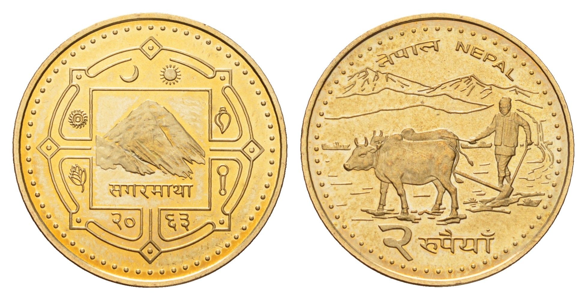 Непал 2 рупии 2006 BS 2063, Гьянендра Бир Бикрам (2001-2008) KM 1188 сталь плакированная латунью UNC 216-454