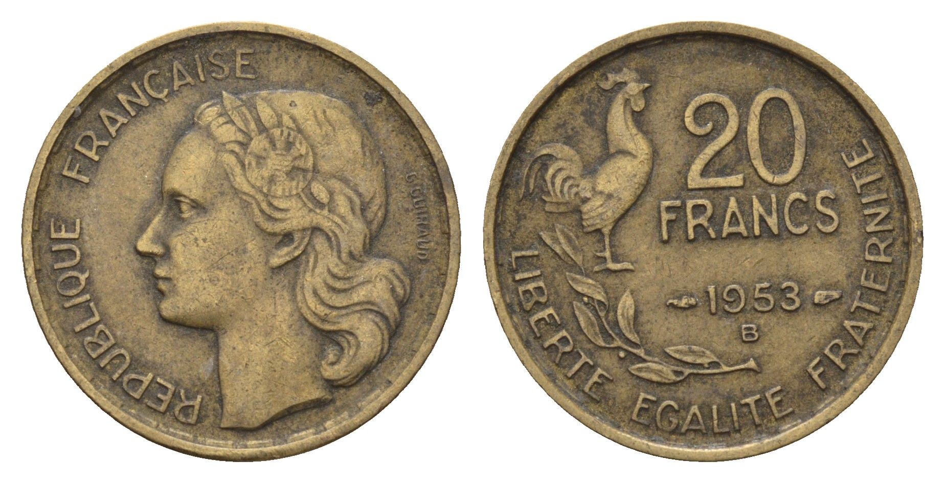 Франция 20 франков 1953 B KM 917.2, Le Franc 402.12 алюминиевая бронза 4121-326