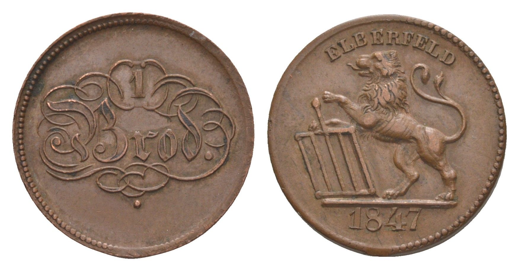 Эльберфельд 1 брод 1847 жетон пайок Men05 6358.1, Men18 7977.1 медь 1528-631