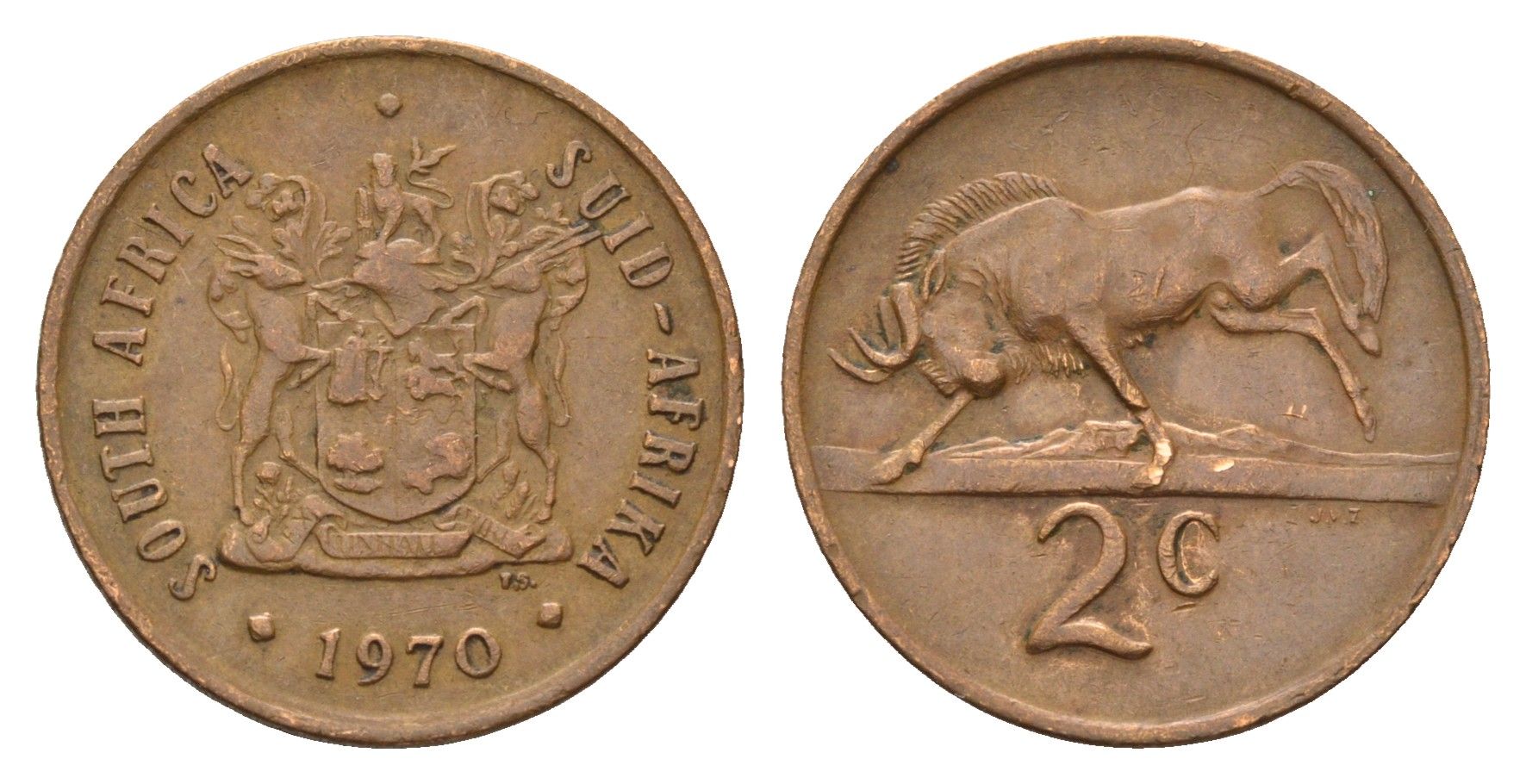 ЮАР 2 цента 1970 герб, антилопа гну KM 83 бронза 4178-221