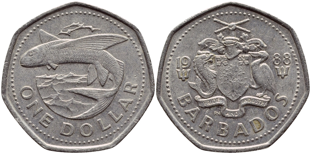 Барбадос 1 доллар 1988 летучая рыба KM 14.2 медно-никель 4398-252