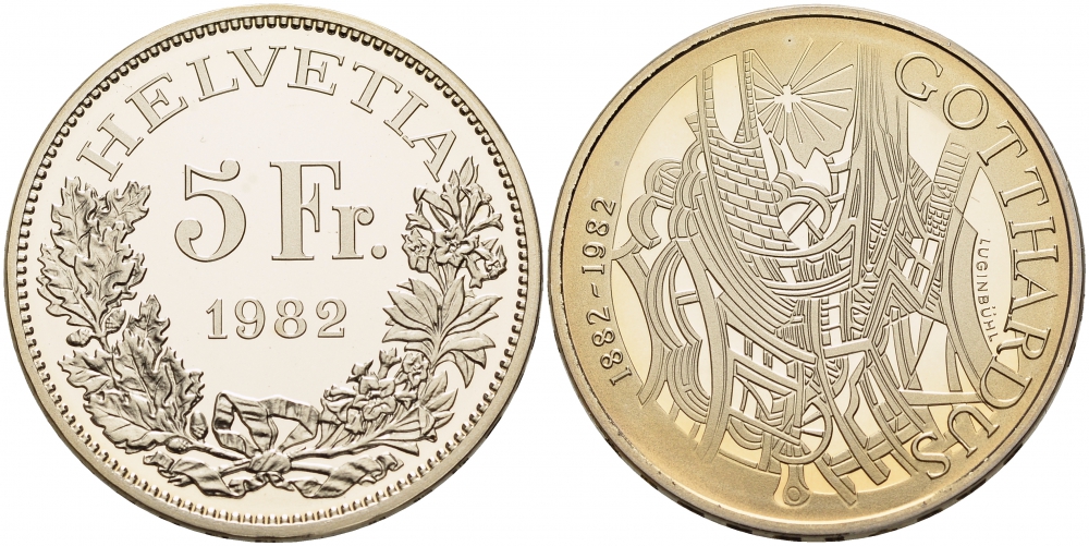 ШВЕЙЦАРИЯ 5 ФРАНКОВ 1982 100 ЛЕТ ГОТХАРДСКОМУ ТОННЕЛЮ KM 61 медно-никель PROOF 1087-3-32
