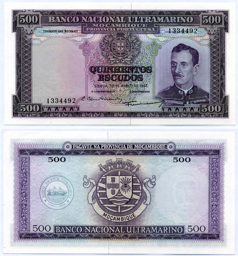 Мозамбик 500 эскудо 1967 22 марта 1967, подпись администратора Luis Esteves Fernandes Pick 110а(2)  бумага  aUNC 451-395-2