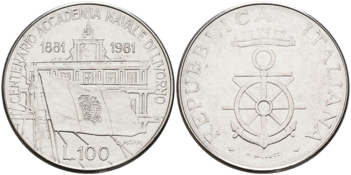 Италия 100 лир 1981 R, 100 лет Военно-морской Академии в Ливорно KM 108 нержавеющая сталь 4538-1227