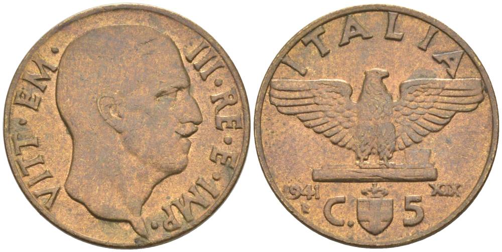 ИТАЛИЯ 5 ЧЕНТЕЗИМО 1941 R, ГОД XIX, ВИКТОР ЭММАНУИЛ III (1900-1946) KM 73a, VEM3. 0955 алюминиевая бронза 3853-242