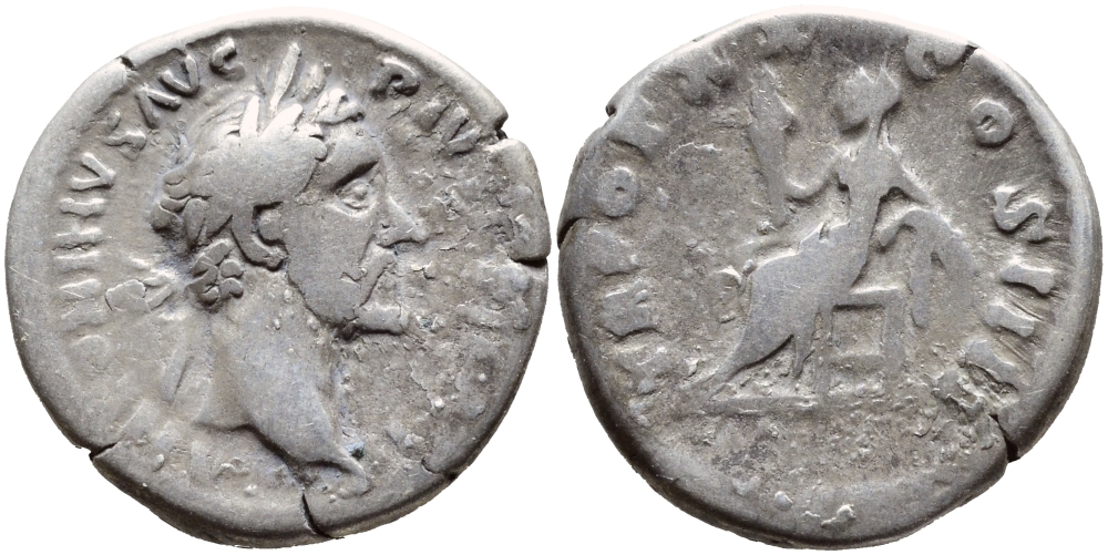 Римская Империя денарий 156-157 Антонин Пий fine RIC 259 серебро 270-244