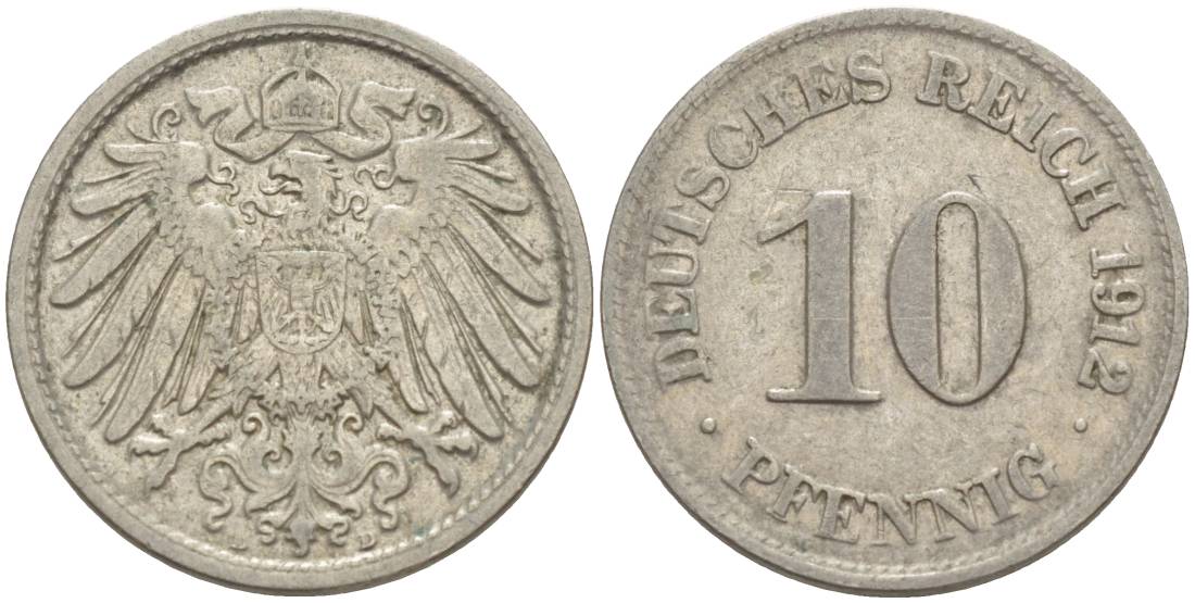 Германия 10 пфеннигов 1912 D KM 12, Jager 13, Weege 8 медно-никель 219-223