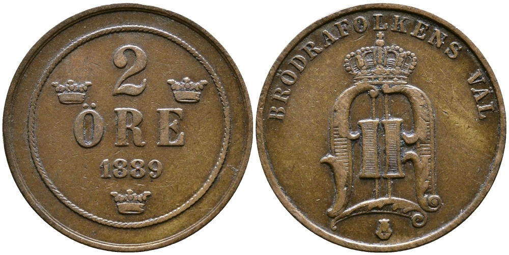 Швеция 2 эре 1889 Оскар II (1872-1907) король Швеции и Норвегии KM 746 бронза 61-1152