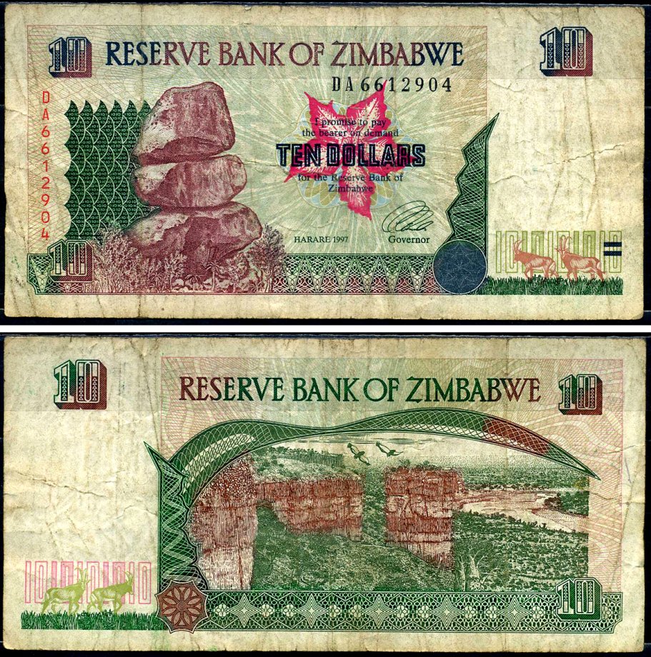 Зимбабве 10 долларов 1997 Гонарежу, национальный парк Pick 6 a бумага 7548-9-1-2