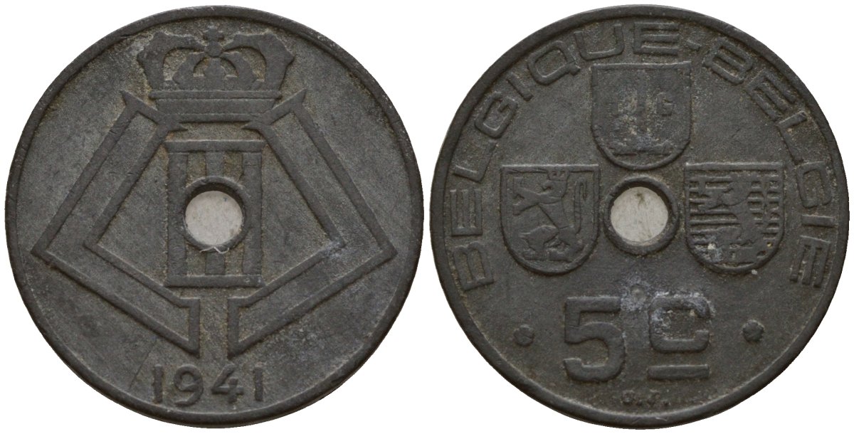 Бельгия 5 сантимов 1941 Belgique - Belgie, Леопольд III (1934-1947), германская оккупация, Вторая мировая война KM 123 цинк 4160-1121