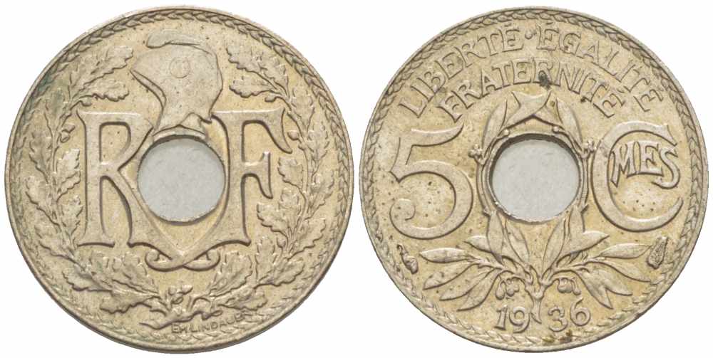 ФРАНЦИЯ 5 САНТИМОВ 1936 ТИП ЛИНДАЙЁ KM 875, LE FRANC 122.19 медно-никель 105-368