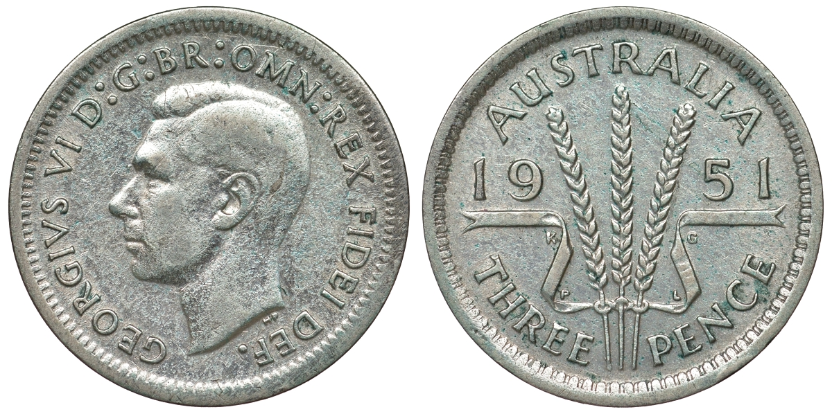 Австралия 3 пенса 1951 m, Георг VI (1937-1952), без букв KM 44 серебро 71-314