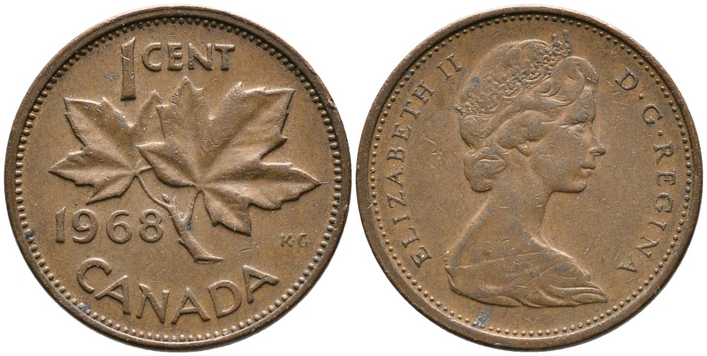 Канада 1 цент 1968 Елизавета II (1952-2022), кленовый лист KM 59.1 бронза 4528-731