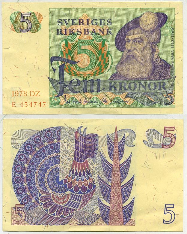 Швеция 5 крон 1978 DZ, Густав I Ваза Pick 51d бумага aUNC 444-97-2