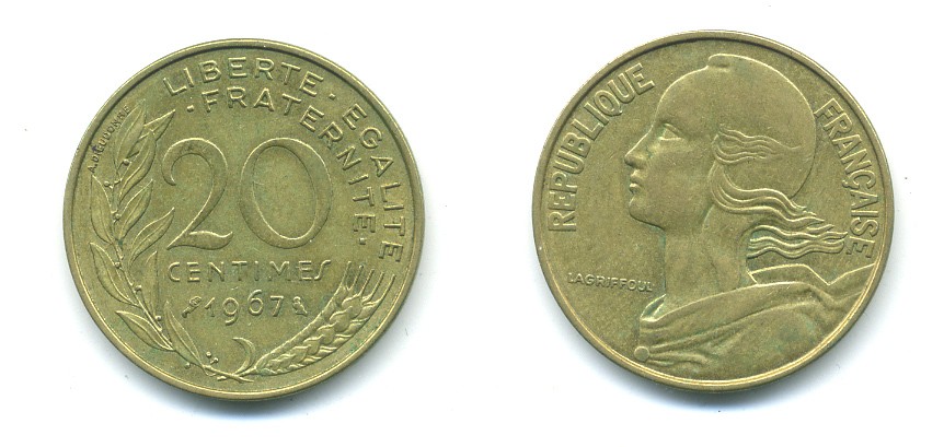 ФРАНЦИЯ 20 САНТИМОВ 1967 KM 930 медь алюминий никель 84-1442