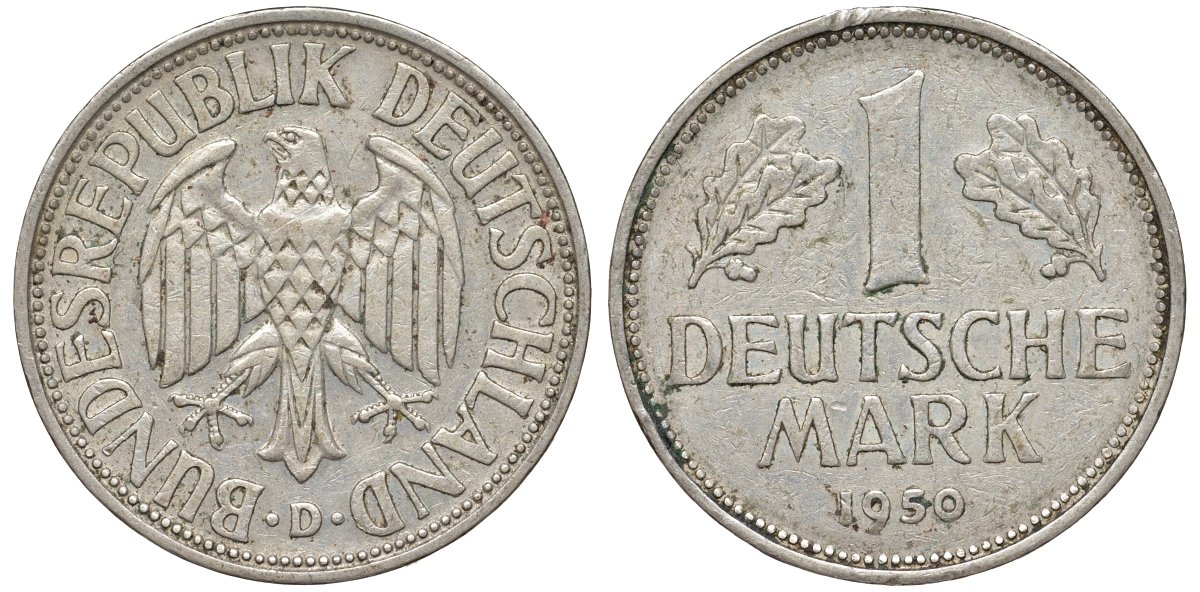 ФРГ 1 марка 1950 D KM 110 медно-никель 4132-711
