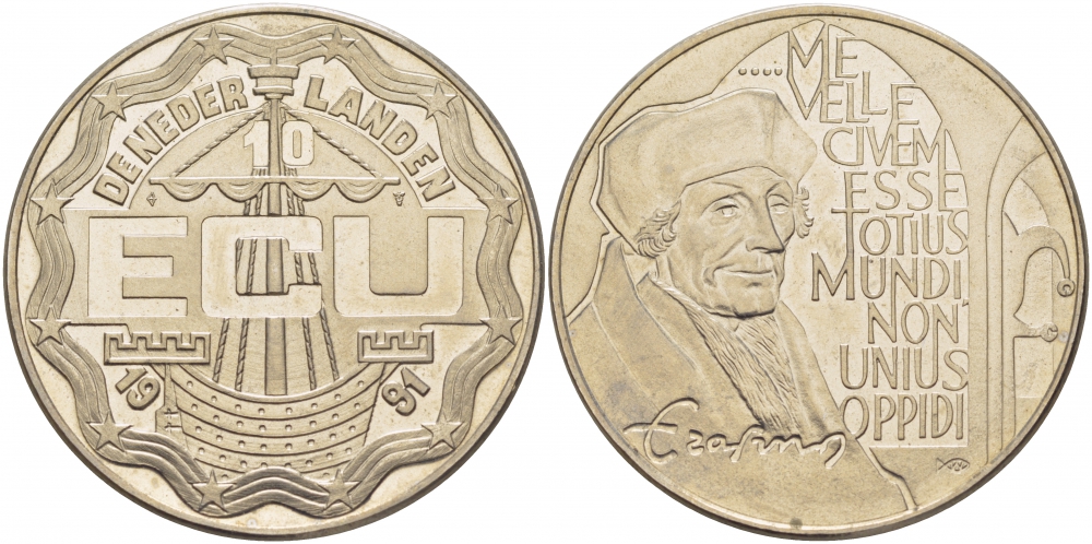 Нидерланды 10 экю 1991 Эразм Роттердамский медно-никель UNC 01-152-15