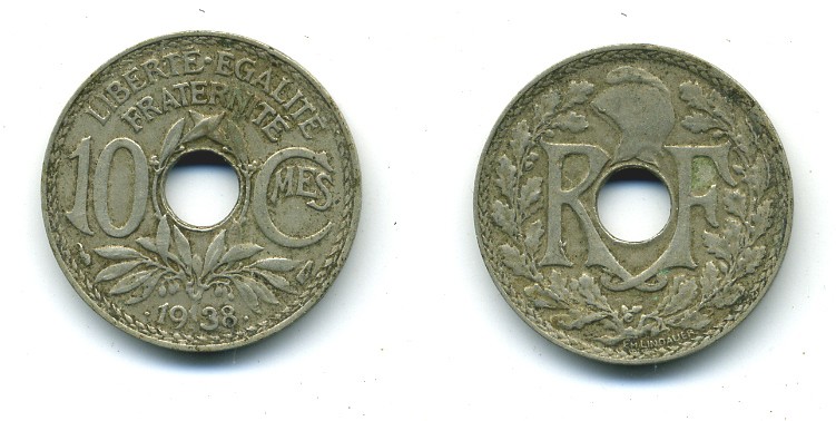 ФРАНЦИЯ 10 САНТИМОВ 1938 ТИП ЛИНДАЙЁ .1938. KM 889.1 никель бронза 84-341