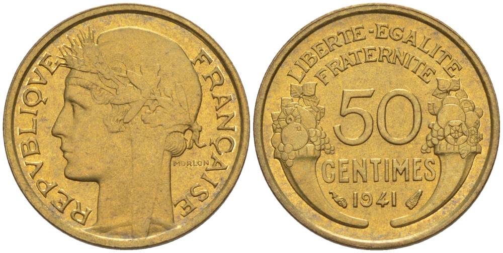 ФРАНЦИЯ 50 САНТИМОВ 1941 ТИП MORLON KM 894.1, LE FRANC 192.18 алюминиевая бронза 44-435