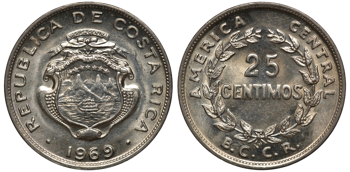 Коста-Рика 25 сентимо 1969 KM 188.1 медно-никель UNC M53-03