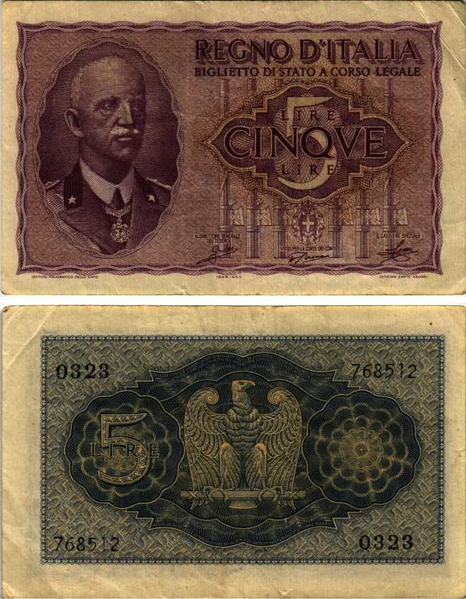 Италия 5 лир 1944 Виктор Эммануил III Pick 28, Grapanzano BS 28 бумага 7183-15-2-1