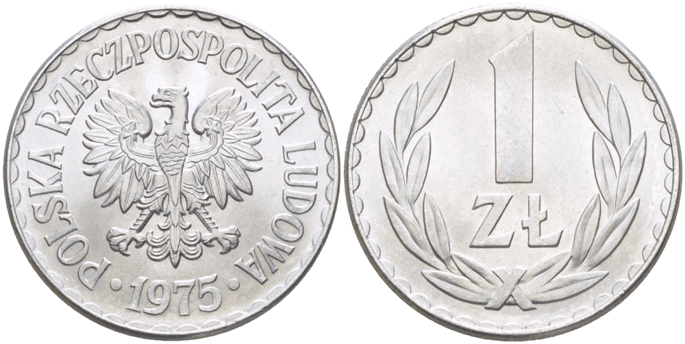 ПОЛЬША 1 ЗЛОТЫЙ 1975 КРЕМНИЦА KM 49.1, Parchimowicz 213m алюминий UNC 216-826