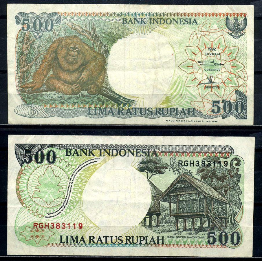 Индонезия 500 рупий 1992/1996 орангутан Pick 128е бумага 8602-21-3-1