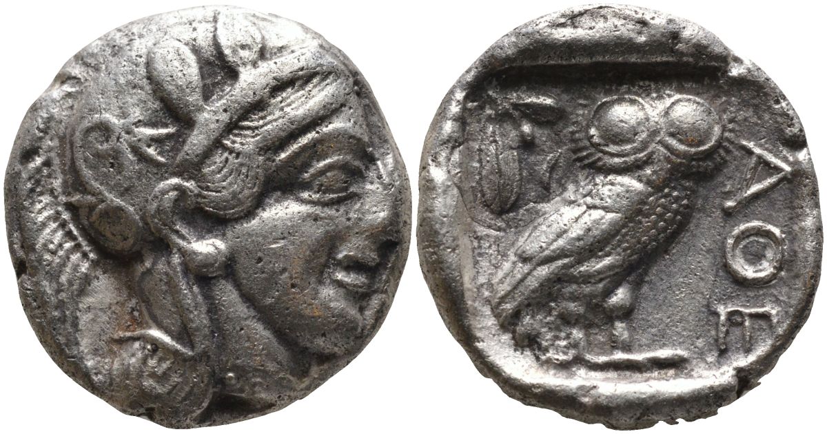 Древняя Греция, Аттика, Афины тетрадрахма 454 - 404 гг. до н.э. голова Афины в шлеме / АФЕ, сова, оливковая ветвь, полумесяц, 16,62 гр Kroll 8 серебро 00-000-00