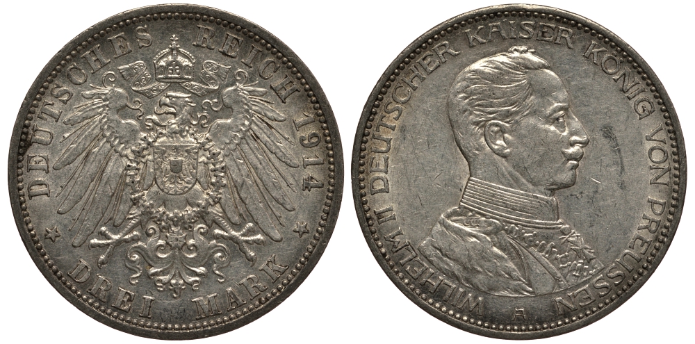 Пруссия 3 марки 1914 Вильгельм II (1888-1918) в мундире KM 538, J.113 серебро 3711-623
