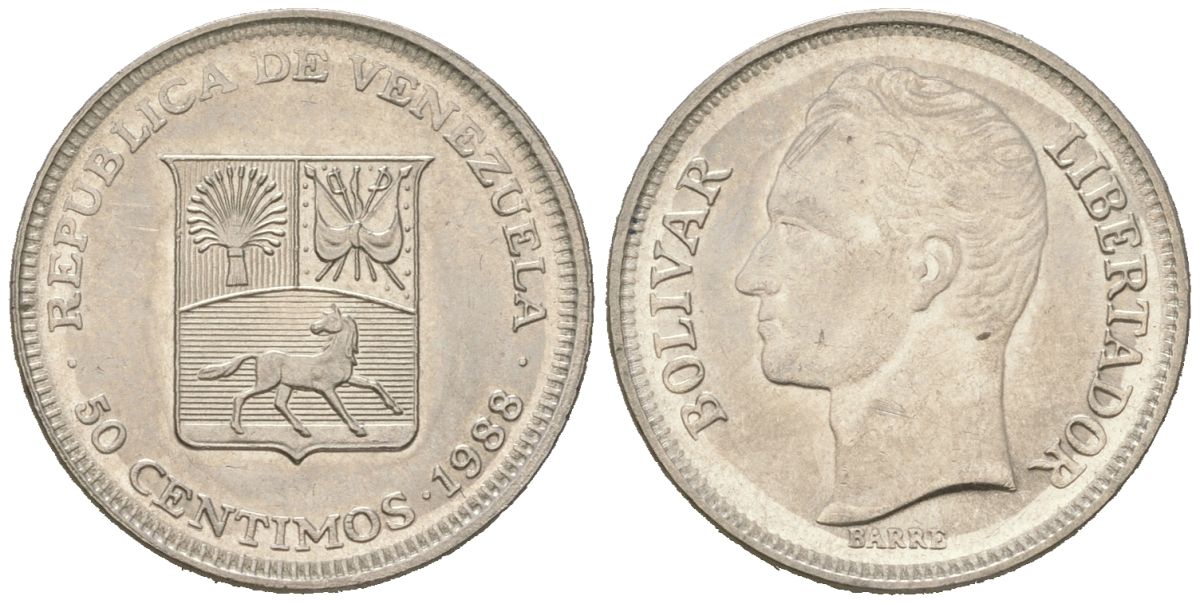 Венесуэла 50 сентимо 1988 Симон Боливар KM 41a сталь плакированная никелем aUNC 4611-657
