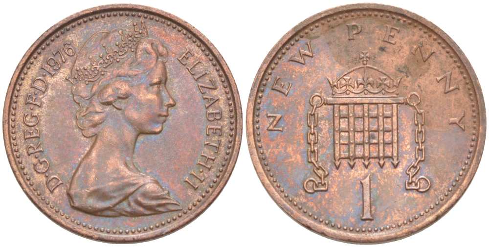 Великобритания 1 пенни 1976 Елизавета II (1952-2022) KM 915, Spink 4237 (B1) бронза 217-331