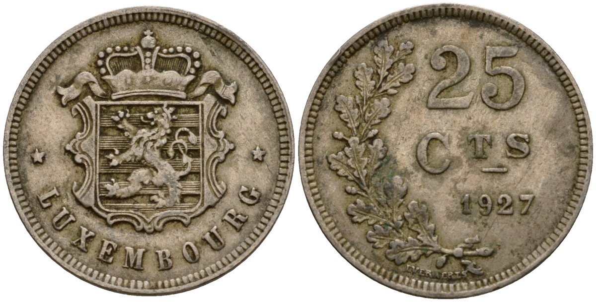 Люксембург 25 сантимов 1927 Шарлотта (1918-1964) KM 37 медно-никель 4122-316