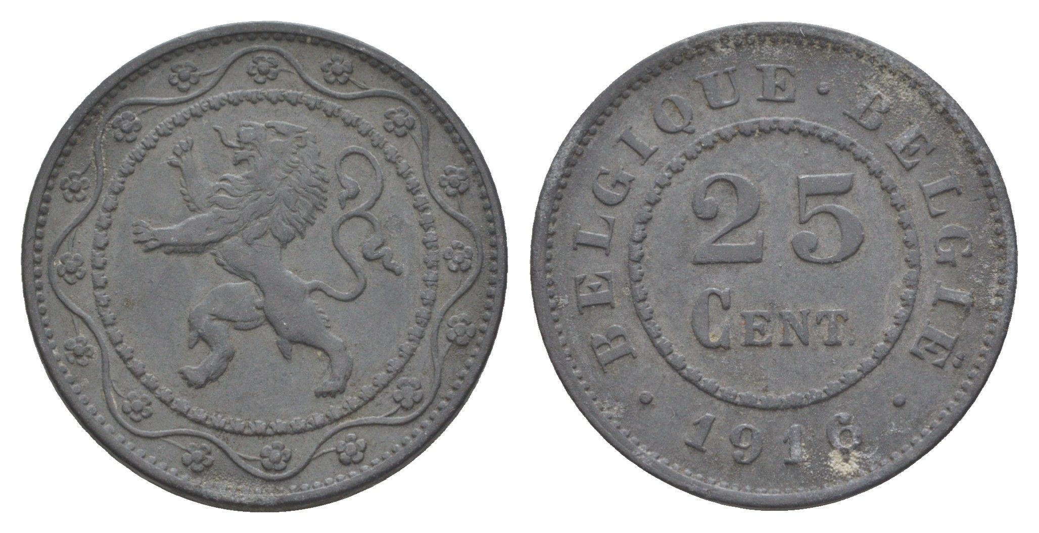 Бельгия 25 сантимов 1916 германская оккупация Первая мировая война, Альберт I (1910-1934) KM 82 цинк 4538-821