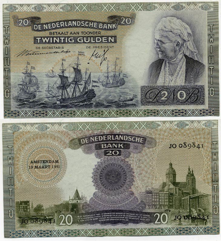 НИДЕРЛАНДЫ 20 ГУЛЬДЕНОВ 1941 АМСТЕРДАМ, 19 МАРТА 1941, КОРОЛЕВА ЭММА Pick 54 бумага aUNC 000-00-00