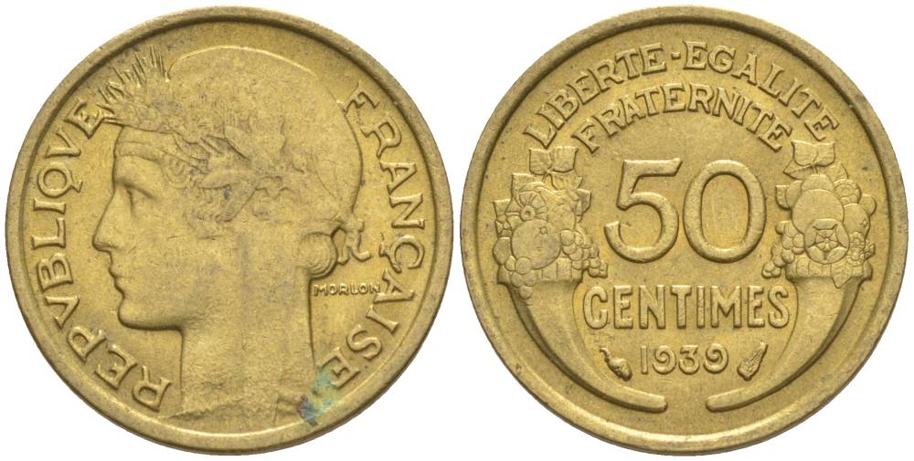 ФРАНЦИЯ 50 САНТИМОВ 1939 ТИП MORLON KM 894.1, LE FRANC 192.15 алюминиевая бронза 44-851