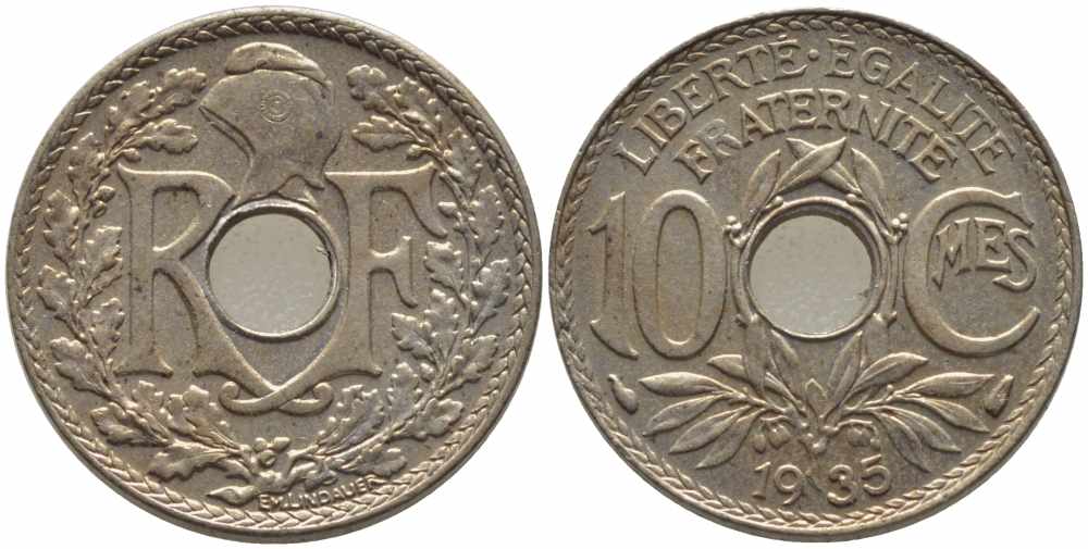 ФРАНЦИЯ 10 САНТИМОВ 1935 ТИП ЛИНДАЙЁ KM 866а, LE FRANC 138.22 медно-никель 108-222