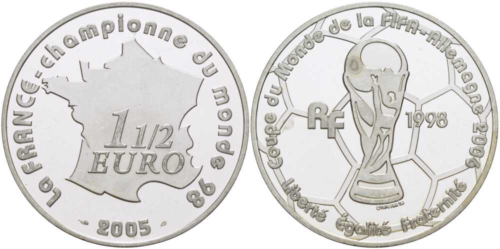 Франция 1 1/2 евро 2005 чемпионат мира по футболу в Германии 2006 года KM 2020 серебро PROOF 1076-5-52
