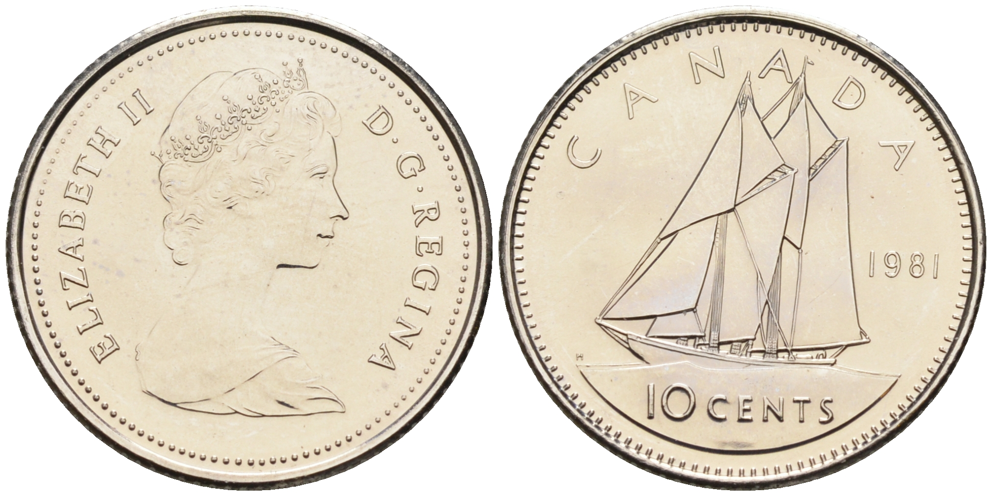 Канада 10 центов 1981 Елизавета II (1952-2022), парусник KM 77.2 никель  UNC  4147-356