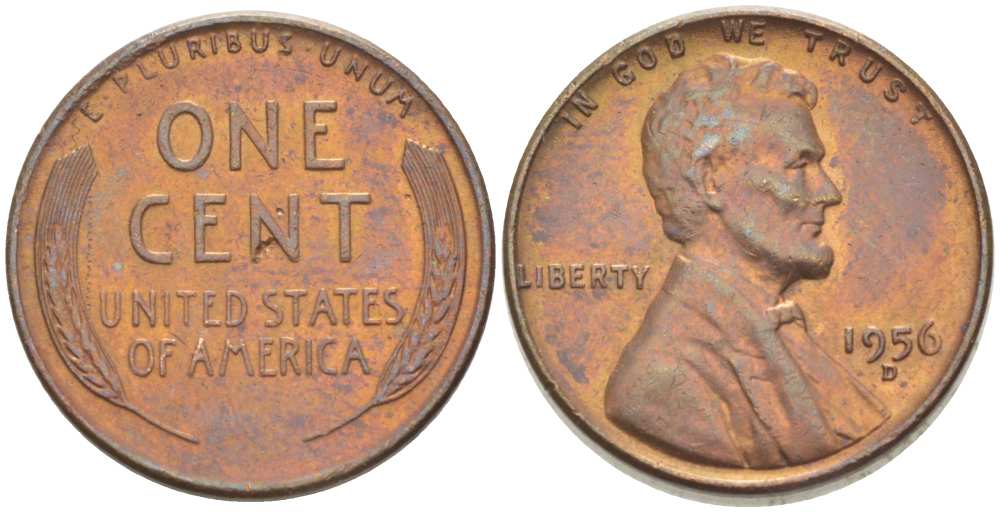 США 1 ЦЕНТ 1956 D, ЛИНКОЛЬН KM А132 медь цинк 218-659