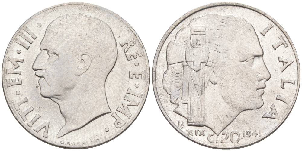 ИТАЛИЯ 20 ЧЕНТЕЗИМО 1941 R, ГОД XIX, ВИКТОР ЭММАНУИЛ III (1900-1946) KM 75b, VEM3. 1028 нержавеющая сталь 3853-1052