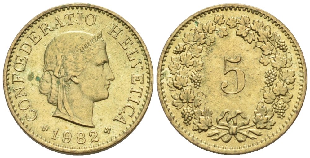 Швейцария 5 раппенов 1982 KM 26с алюминиевая бронза 4576-921