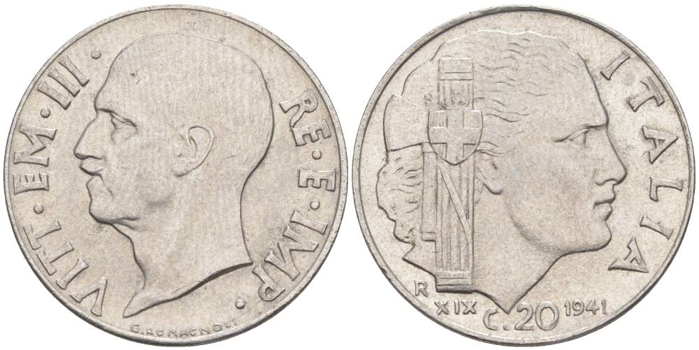 ИТАЛИЯ 20 ЧЕНТЕЗИМО 1941 R, ГОД XIX, ВИКТОР ЭММАНУИЛ III (1900-1946) KM 75b, VEM3. 1028 нержавеющая сталь 3853-1056