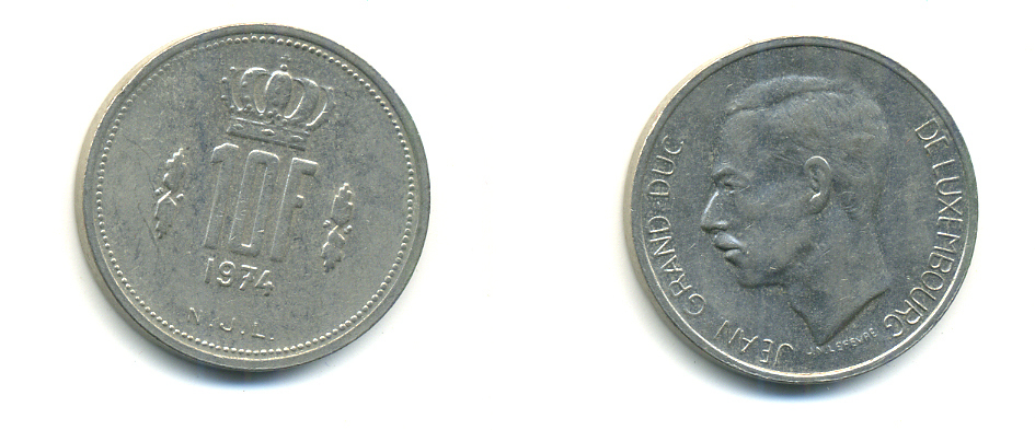 ЛЮКСЕМБУРГ 10 ФРАНКОВ 1974 KM 57 никель 176-524